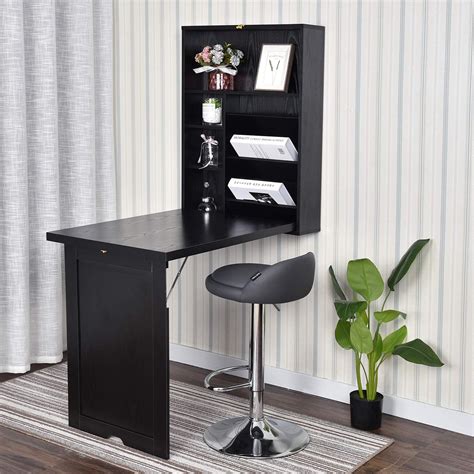Rectangular Black Wall Mounted Floating Desk With Built In Storage Bss