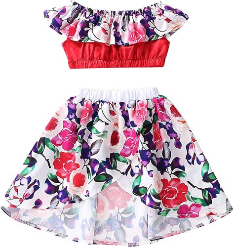 Puseky Toddler Kids Girls Off Shoulder Outfits Floral Ruffle Crop Top