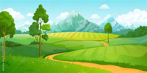 Summer Mountains Landscape Cartoon Nature Green Hills Scene With Blue Sky Trees And Clouds