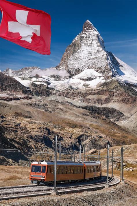 Matterhorn Peak With Railway Against Sunset In Swiss Alps Switzerland