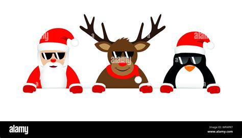 Cute Reindeer Santa Claus And Penguin Cartoon With Sunglasses For Christmas Vector Illustration