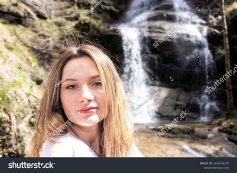 Portrait Pretty Blonde Woman Waterfall Stock Photo 2160736177