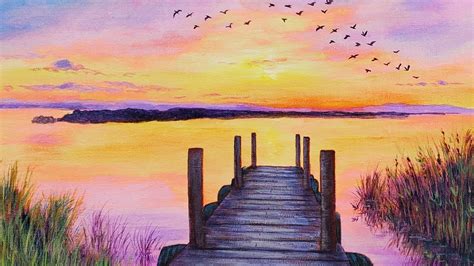 Sunset Dock Seascape Acrylic Painting Live Tutorial Youtube