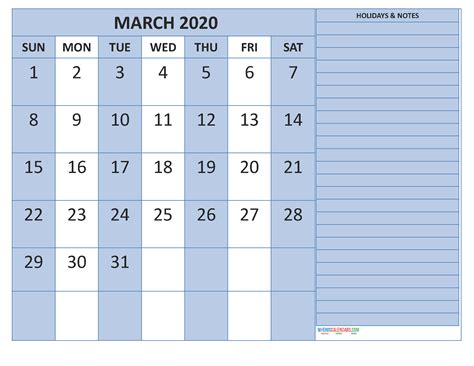 March 2020 Calendar With Holidays Word Pdf