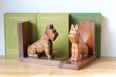 Vintage Wooden Dog Shaped Bookends 1950s Wood Carved Scottish Etsy