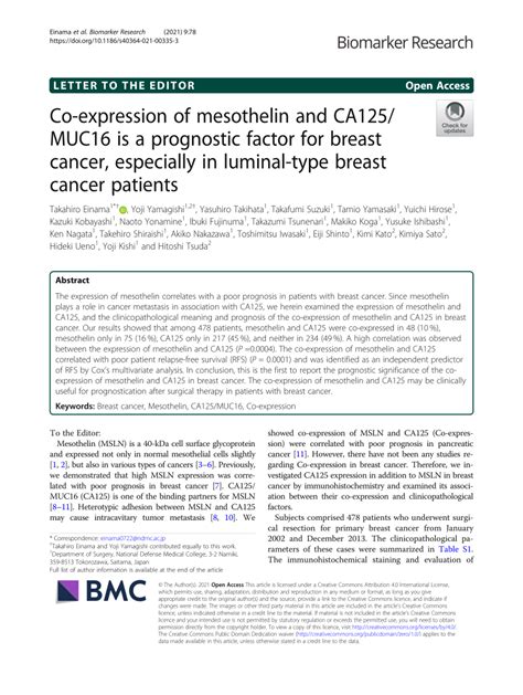 Pdf Co Expression Of Mesothelin And Ca125muc16 Is A Prognostic