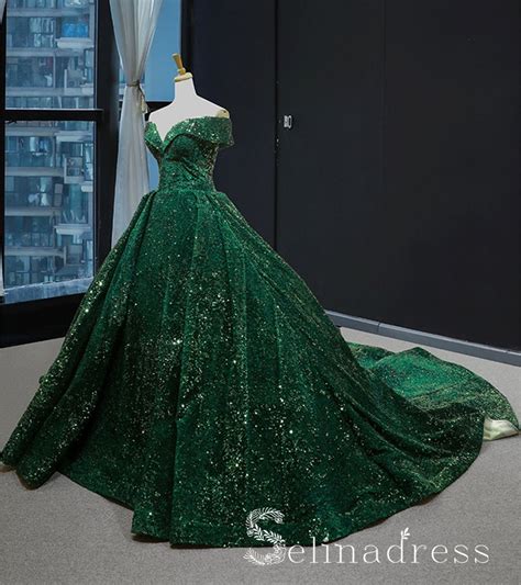 Dark Green Sparkly Prom Dresses Ball Gown Sequins Quinceanera Long For Selinadress