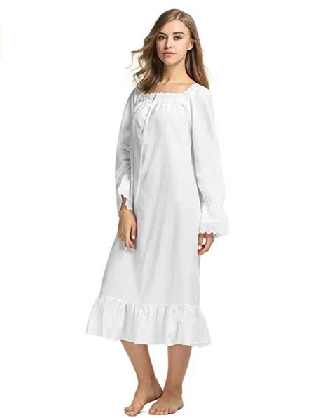 100 Cotton Plain White Cotton Nightshirts Womens Long Sleeve Plain