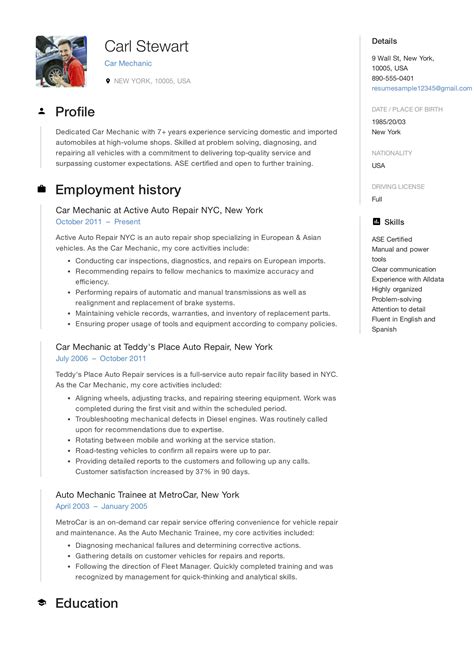 Auto Mechanic Resume Job Description