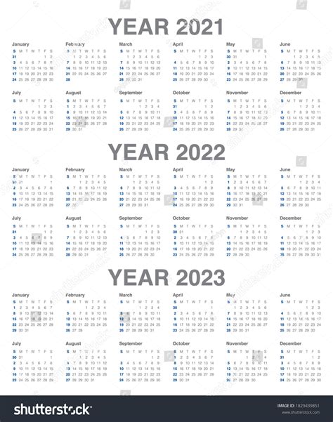 Year 2021 2022 2023 Calendar Vector Design Royalty Free Stock Vector
