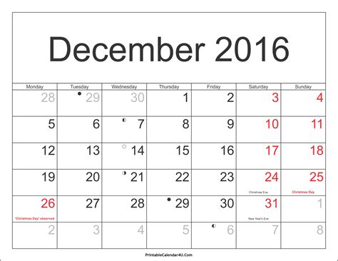 December 2016 Calendar Printable With Holidays Templates Free Printable
