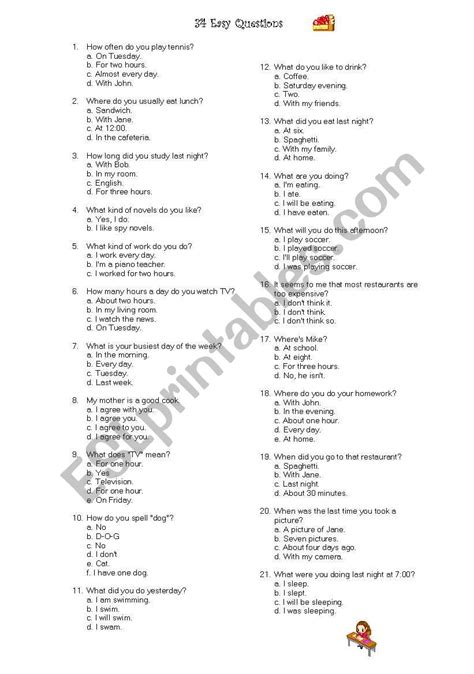 34 Easy Questions Esl Worksheet By Zippie