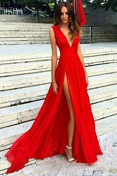 Red Split Prom Dressesv Neck Chiffon Evening Dresses Sexy Party Gowns G325 Red Split Prom