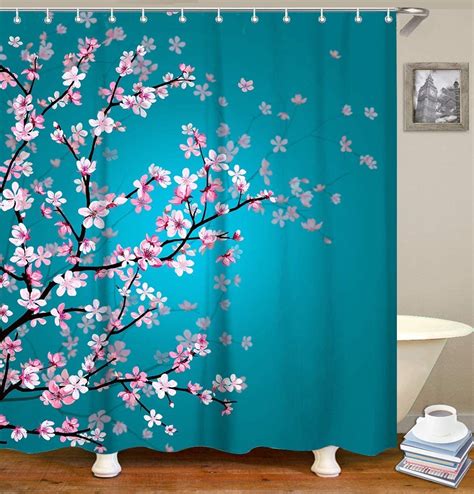 Livilan Cherry Blossom Shower Curtain Floral Teal Fabric