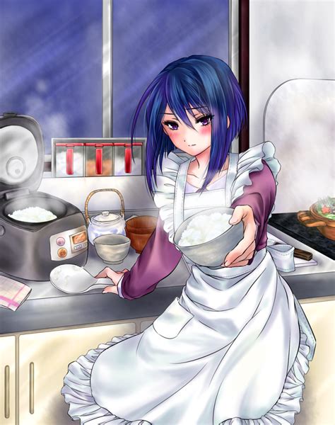 Safebooru 1girl Apron Blue Hair Blush Commentary Request