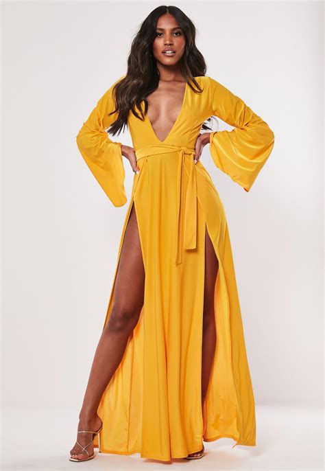 Gold Flare Sleeve Split Slinky Maxi Dress Missguided