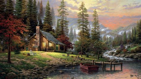 Life In Nature House Forest Trees Stream Lake Boat