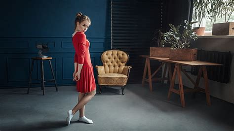 Hd Wallpaper Women Blonde Red Dress Socks Armchairs Plants