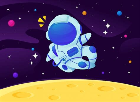Astronautas De Dibujos Animados Flotando En La Galaxia Con Una Estrella