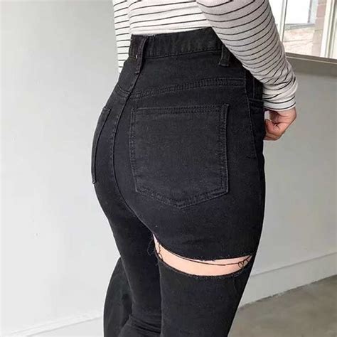 Sexy Street Plus Size High Waist Butt Ripped Jeans For Women Skinny
