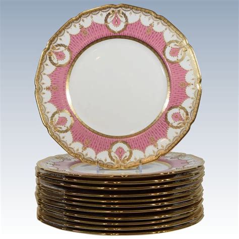 12 Royal Doulton Raised Gold And Pink Dinner Plates Circa 1920 Pink