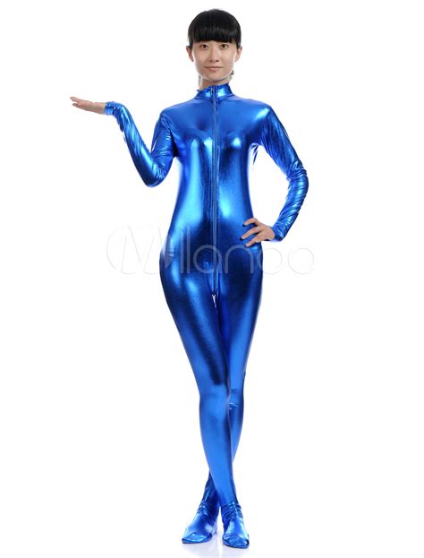 Royal Blue Shiny Metallic Zentai Suit For Women Halloween Zipper Costume Cosplay Halloween