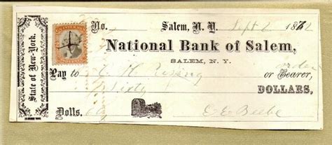 1872 Old Bank Check From The National Bank Of Salem Ny And