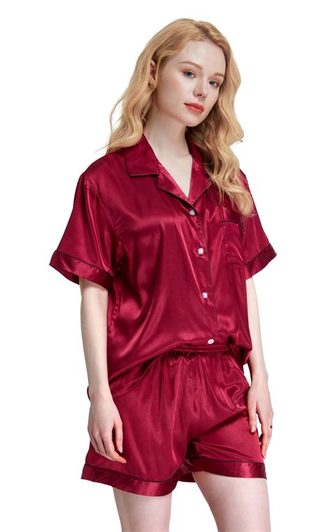 Womens Silk Satin Pajama Set Short Sleeve Burgundy With Black Piping Tony And Candice