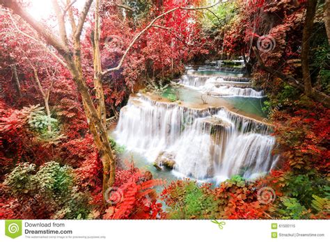 Deep Forest Waterfall In Autumn Scene At Huay Mae Kamin Waterfall