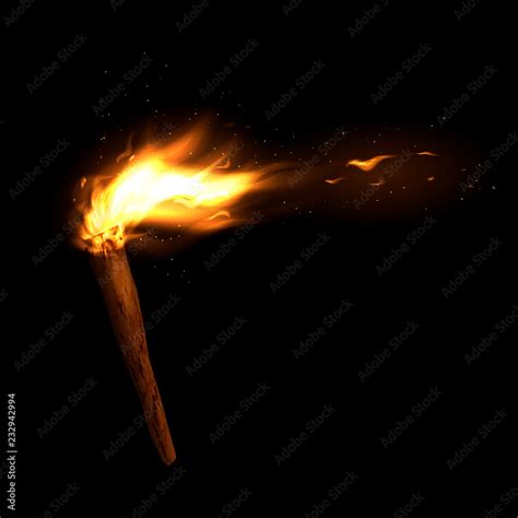 A Wooden Torch With A Burning Fire Bright Flame And Sparks Vector