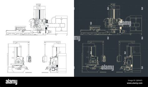 Stylized Vector Illustration Of Blueprints Of Milling Cnc Machine Stock