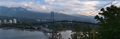 Panoramic View Of Lions Gate Bridge Spanning Burrard Inlet Viewed From