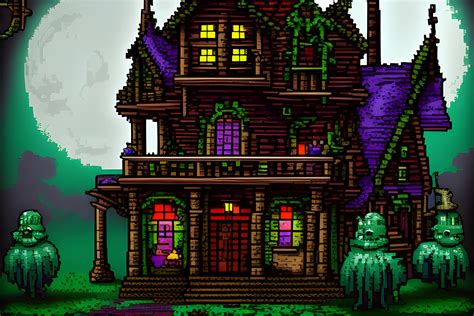 Pixel Art Style Spooky Haunted House With A Witch A Cauldron Some