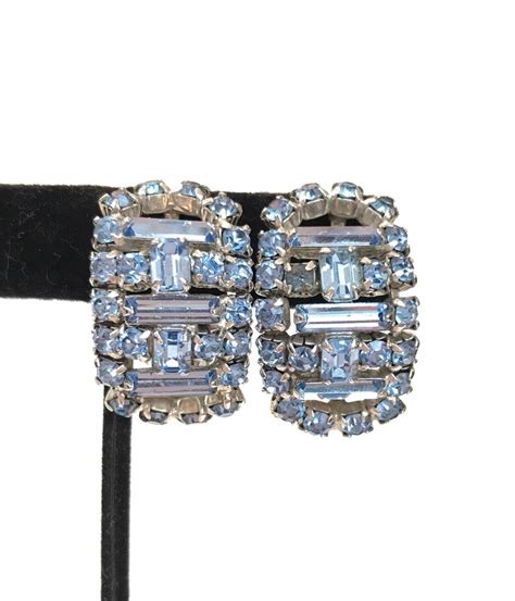Vintage Light Blue Rhinestone Earrings S Silver Etsy