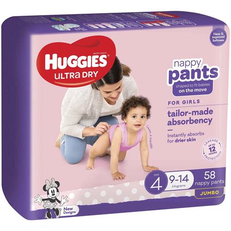 Huggies Ultra Dry Nappy Pants Size 4 Girls 58 Pack Woolworths