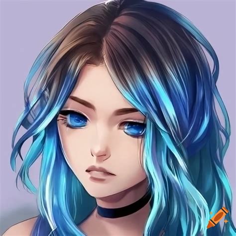 anime style character with blue balayage hair and glowing blue eyes