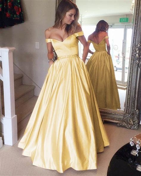 Long Gold Satin Prom Dresses V Neck Off The Shoulder Formal Gowns