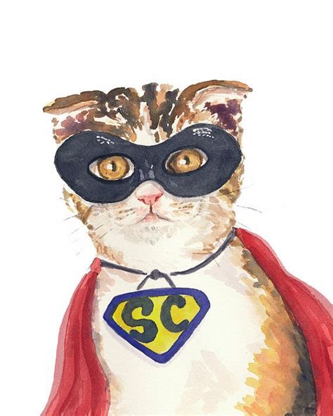 Original Cat Watercolor Painting Nursery Art Super Hero Cat Mask