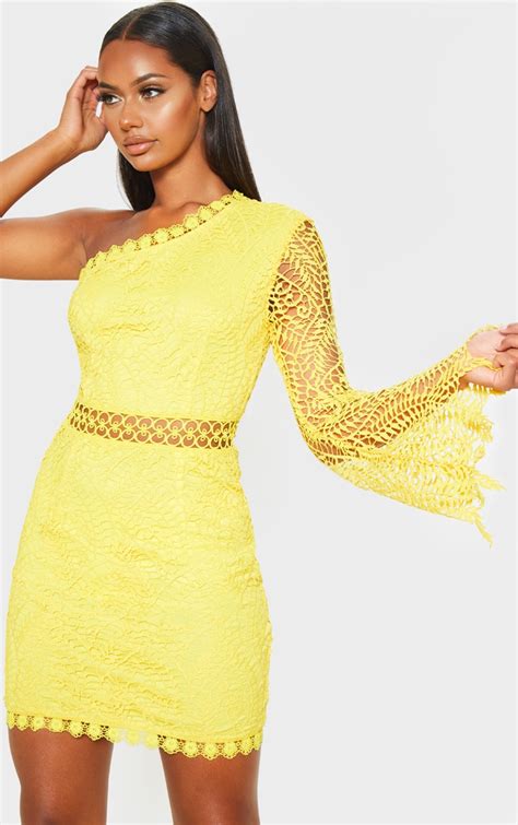 Bright Yellow One Shoulder Lace Bodycon Dress Prettylittlething