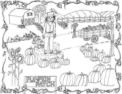 Autumn scene with scarecrow coloring page from fall category. Pumpkin Patch Coloring Page Printable! - The Graphics Fairy