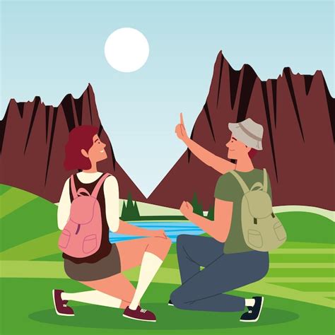 Premium Vector Couple Tourists With Bags Landscape