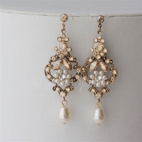 Chandelier Wedding Earrings Antique Gold Bridal Earrings Etsy Gold