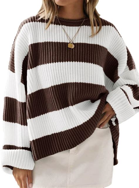 zesica women s 2024 fall long sleeve crew neck striped color block comfy loose oversized knitted