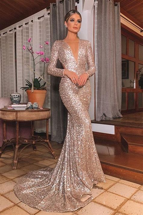Hualong Elegant V Neck Long Sleeve Sequin Mermaid Dress Prom Online