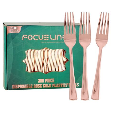 Focusline 300 Pack Disposable Rose Gold Plastic Forks Solid And