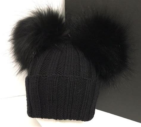 Ribbed Black Wool Beanie Hat Raccoon Fur Pom Poms Double Two Pom Pom Hat Mimi Hat Beanie