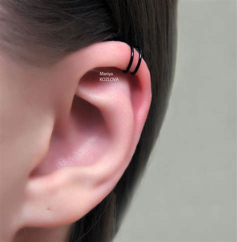 No Piercing Helix Black Two Rings Double Rings Upper Top Ear Etsy In