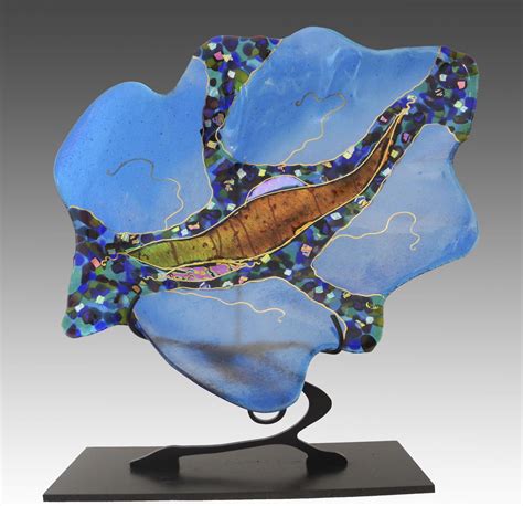 Large Turquoise Leaf On Stand By Karen Ehart Art Glass Sculpture