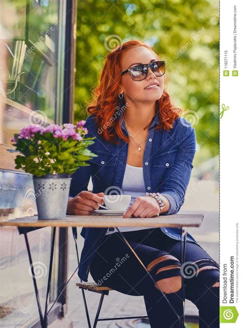 Redhead Female Drinks Coffee In A Cafe Stock Image Image Of Happy Elegant 116271115