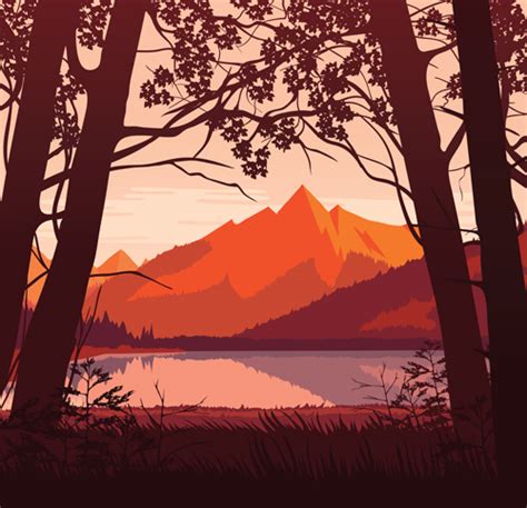 River With Forest And Mountains Scenery Vector 03 Free Download